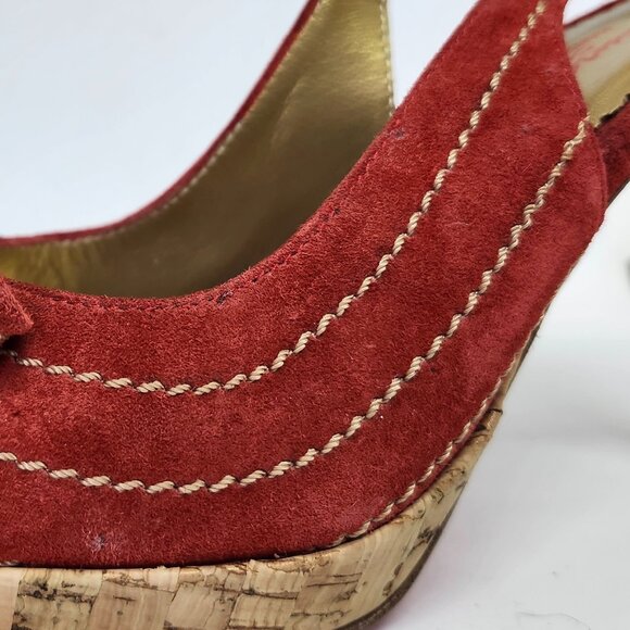 Laura Ferri Women's Red Coral Leather Slingback Sandal W/Corked Heel Size 38 - Picture 8 of 9